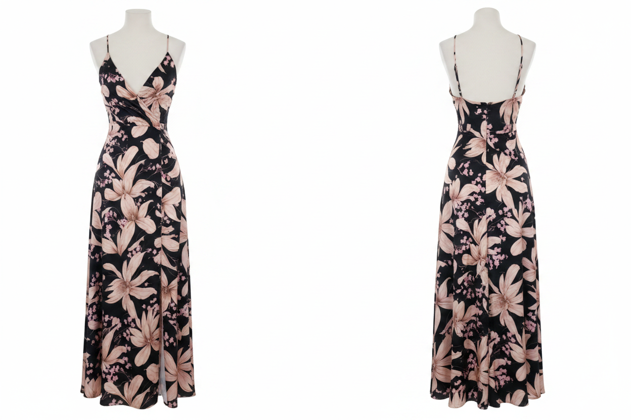 Robe Maxi Florale Noire Bretelles Col V Fente Devant - Made in Italy - Taille Unique