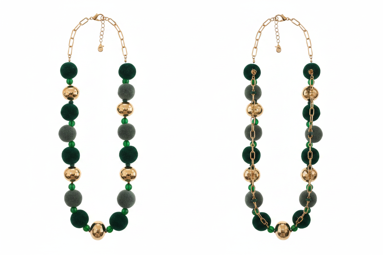 Collier long pompons vert & gris perles dorées