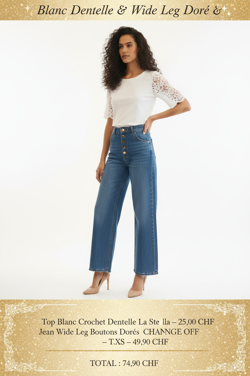 Look Blanc Dentelle & Jean Wide Leg Doré – Duo chic Made in Italy fond blanc