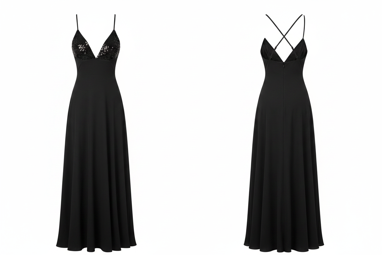 Robe Longue Noire Bustier Sequins Bretelles Fines Made in Italy - Taille 36-38