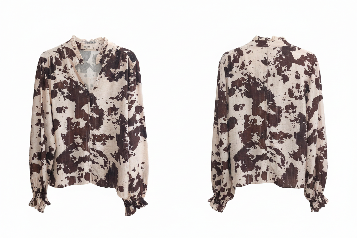 Chemise Print Vache - IKOONE & BIANKA - Col V Volant & Manches Bouffantes - Taille XL - Made in Italy - Pièce unique