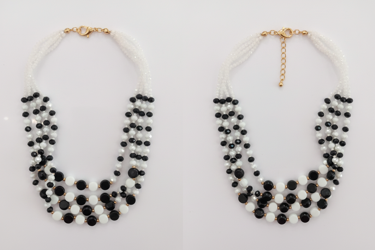 Collier multi-rangs perles noir et blanc