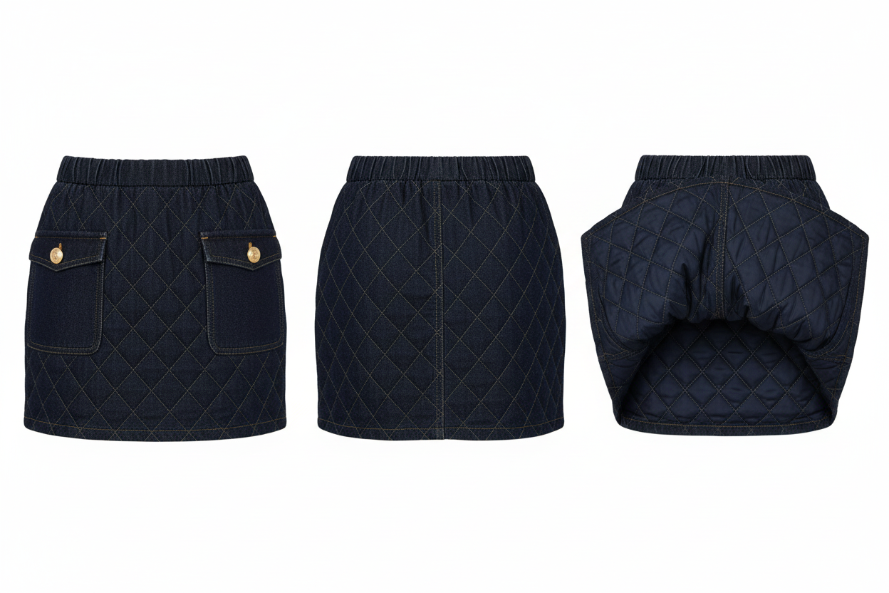 Mini-Jupe Jean Matelassée - The Corner - Losanges & Poches Dorées - Taille L - Made in Italy - Pièce unique