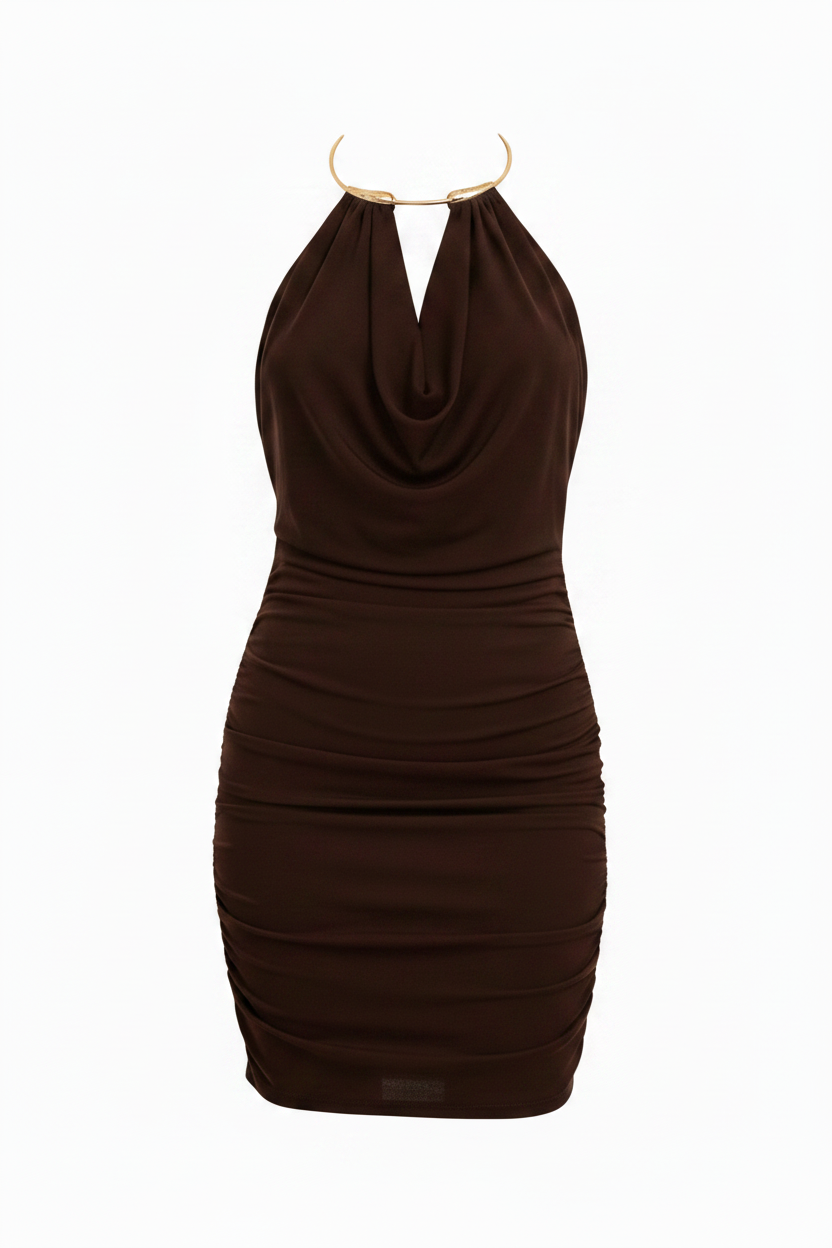 Robe Marron Halter Dorée - Taille 36-38 - Made in Italy - Pièce unique