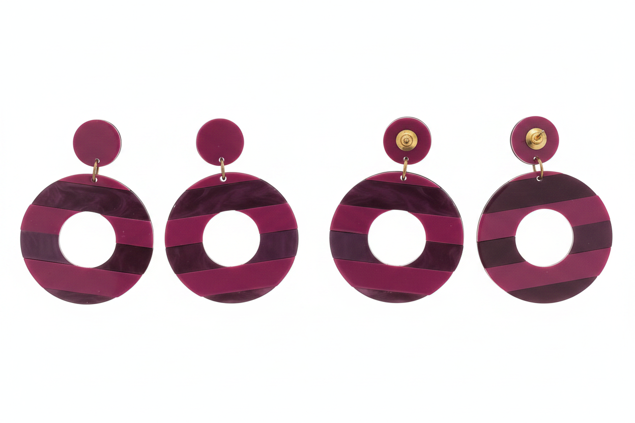 Boucles d'oreilles cercles rayés violet et fuchsia