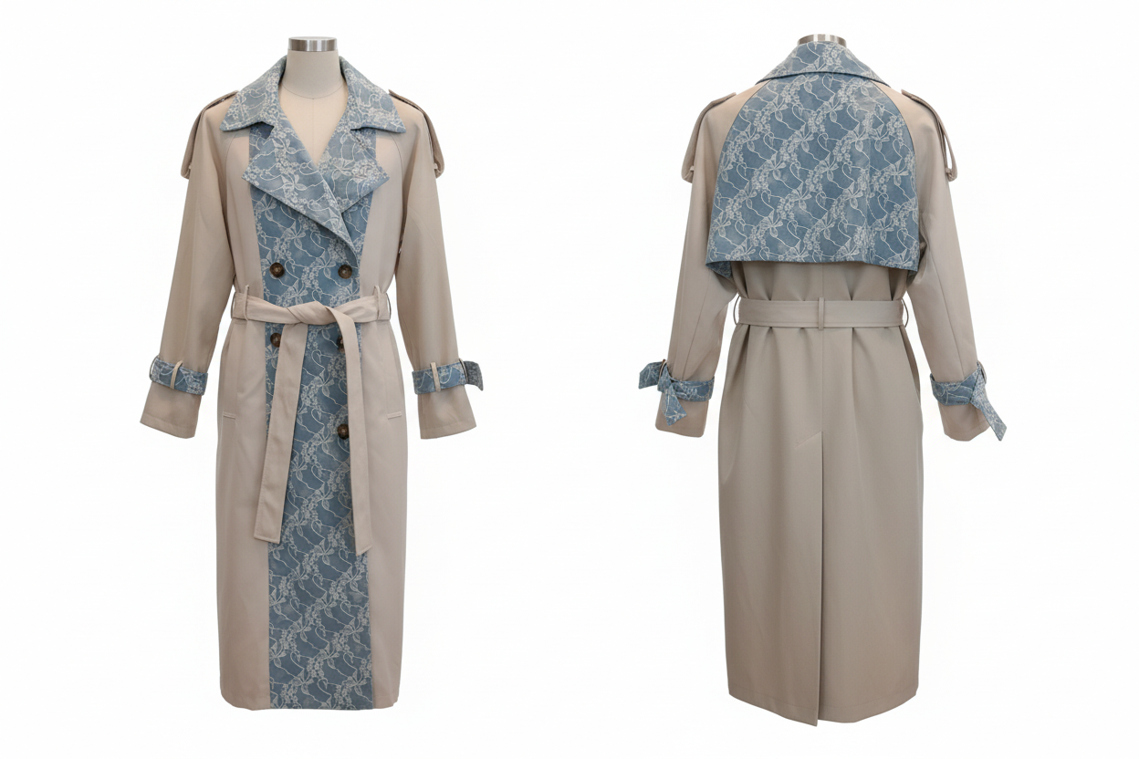 Trench Long Beige Dentelle Bleue - LAVYSH - Taille S/M - Made inItaly - Pièce unique