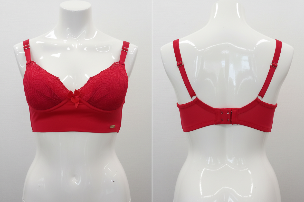 Soutien-gorge brésilien Divas rouge dentelle ghost mannequin face et dos fond blanc