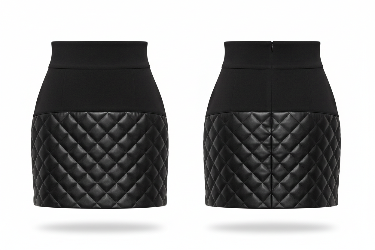 Jupe bimatière noire tissu et simili cuir matelassé - Taille S - Made in Italy - Pièce unique