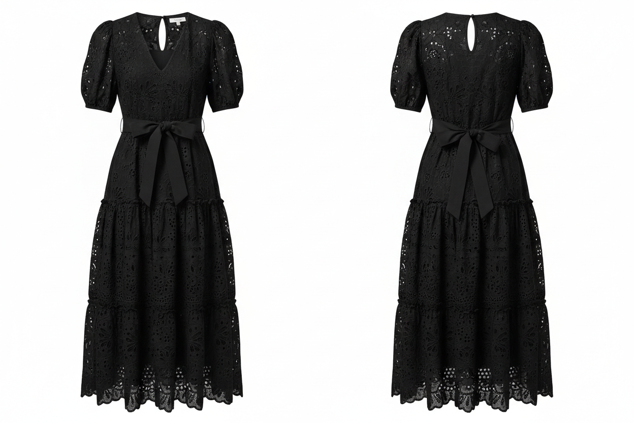 Robe Noire Broderie Anglaise Manches Courtes - Taille 50/52 - Made in Italy - Pièce unique