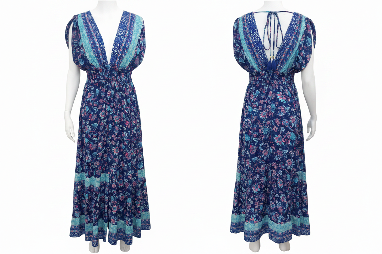 Robe Maxi Bohème Bleue Patchwork Floral Dos Nu - Taille Unique