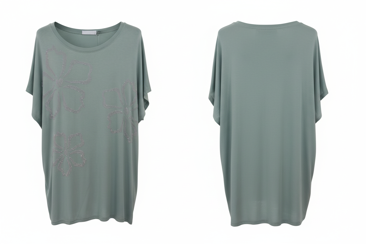 Top oversize vert sauge fleurs strass Foresta Bella – Taille M/L - Made in Italy - Pièce unique