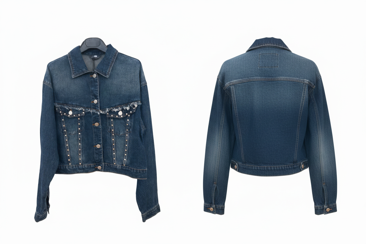 Veste en jean studs & effilochée - Angelica 2000 - Taille L - Made in Italy - Pièce unique