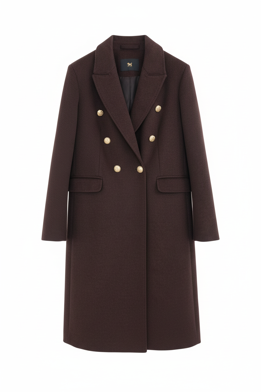 Manteau Long Chocolat Boutons Dorés - Taille L - Made in Italy - Pièce unique