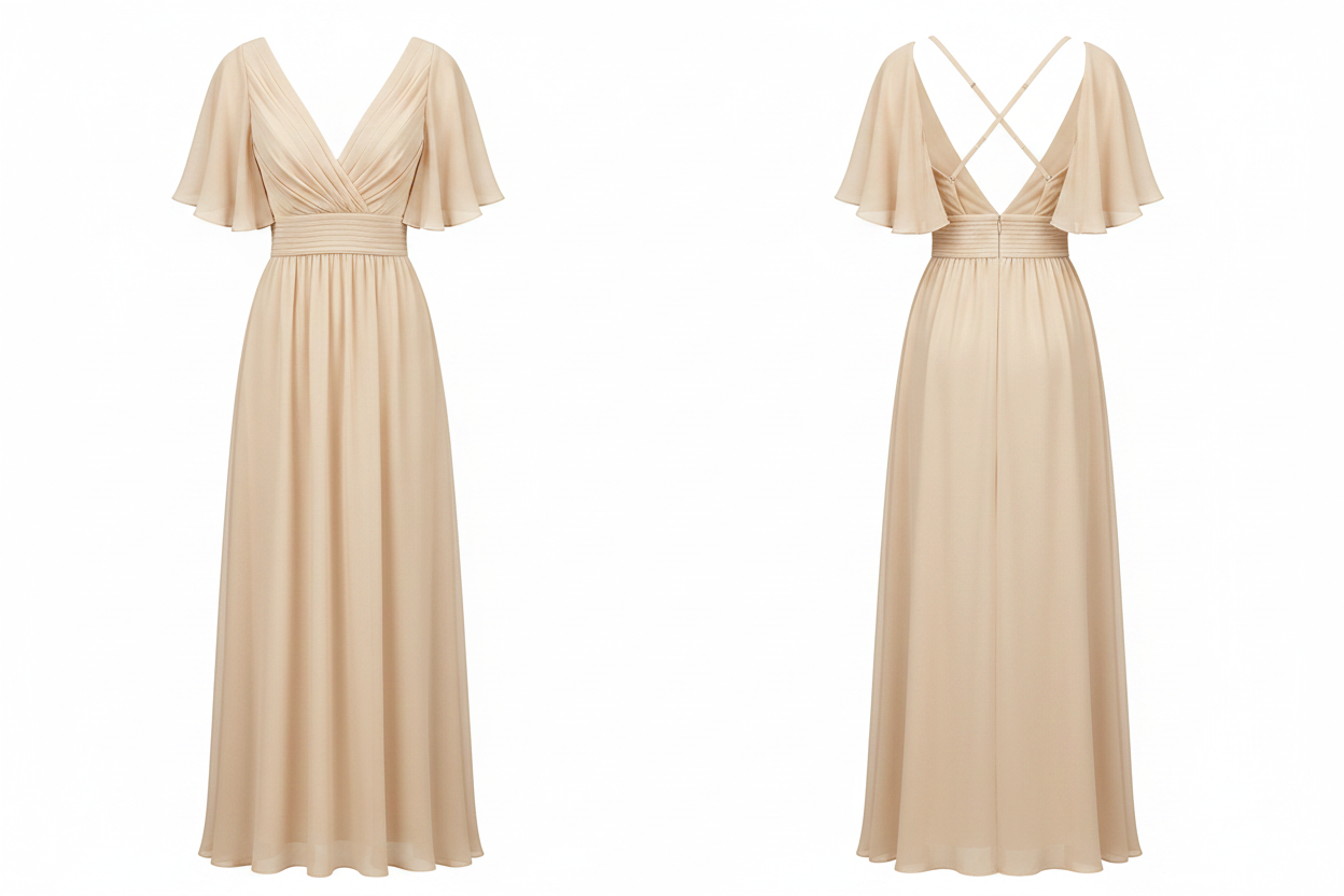 Robe maxi soirée col V plissé volants ivoire Play Pronto Moda - Taille F - 40