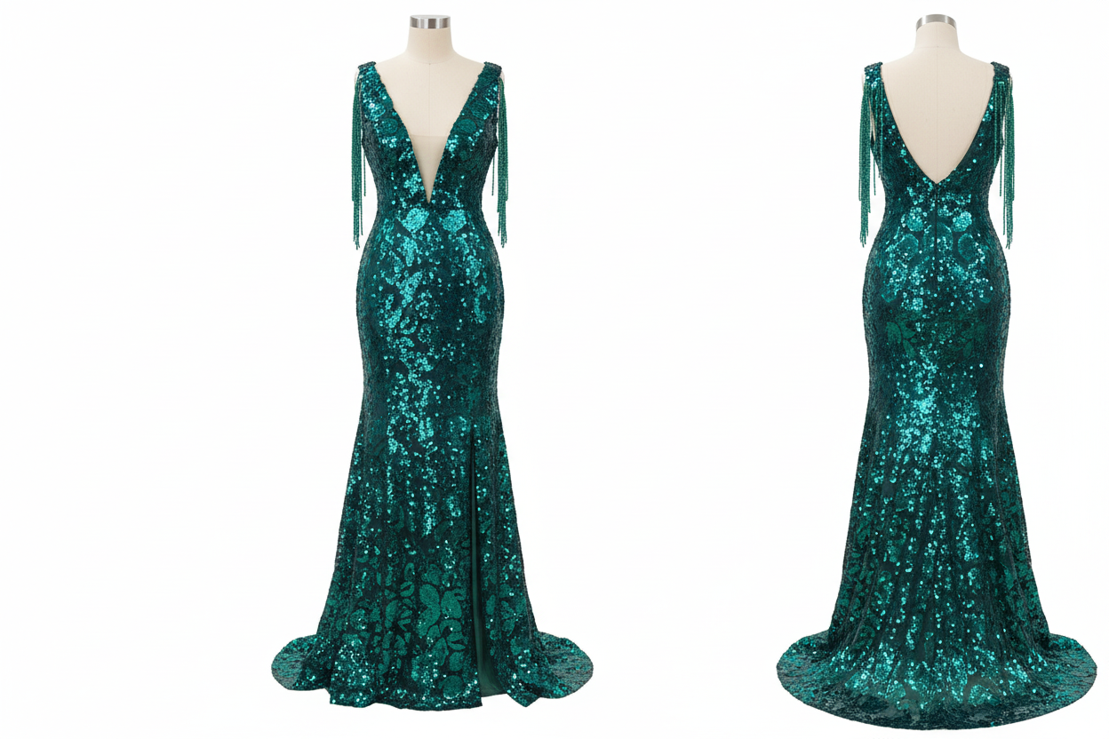 Robe Longue Sequins Vert Émeraude Frangée - Marque Izzy - Taille 36-38 - Made in Italy - Pièce unique