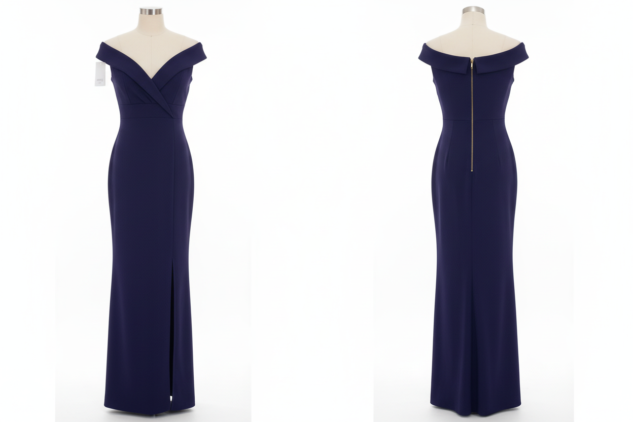 Robe Longue Bleu Marine Bardot Zip Doré - MIROS MILANO - Taille 36-38 - Made in Italy - Pièce unique