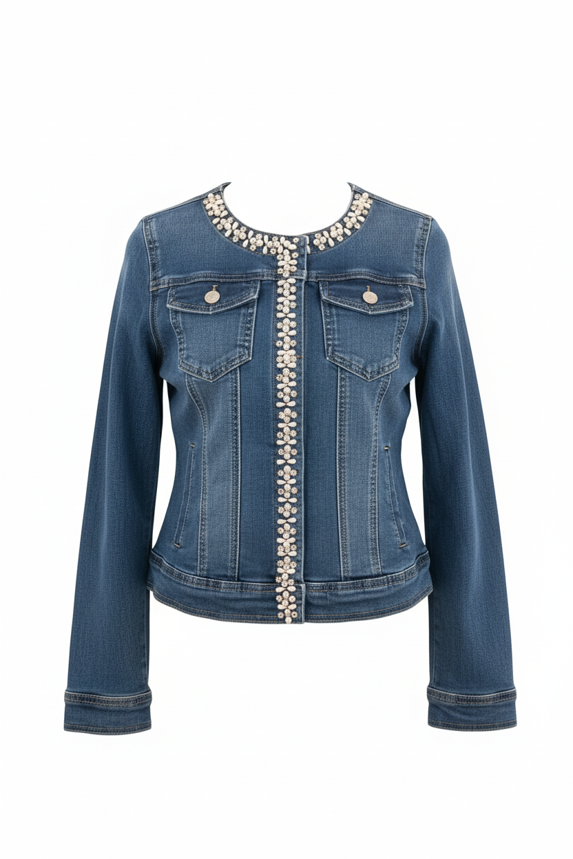 Blouson Jean - Miss Natalie - Perles & Strass - Taille XL - Made in Italy - Pièce unique