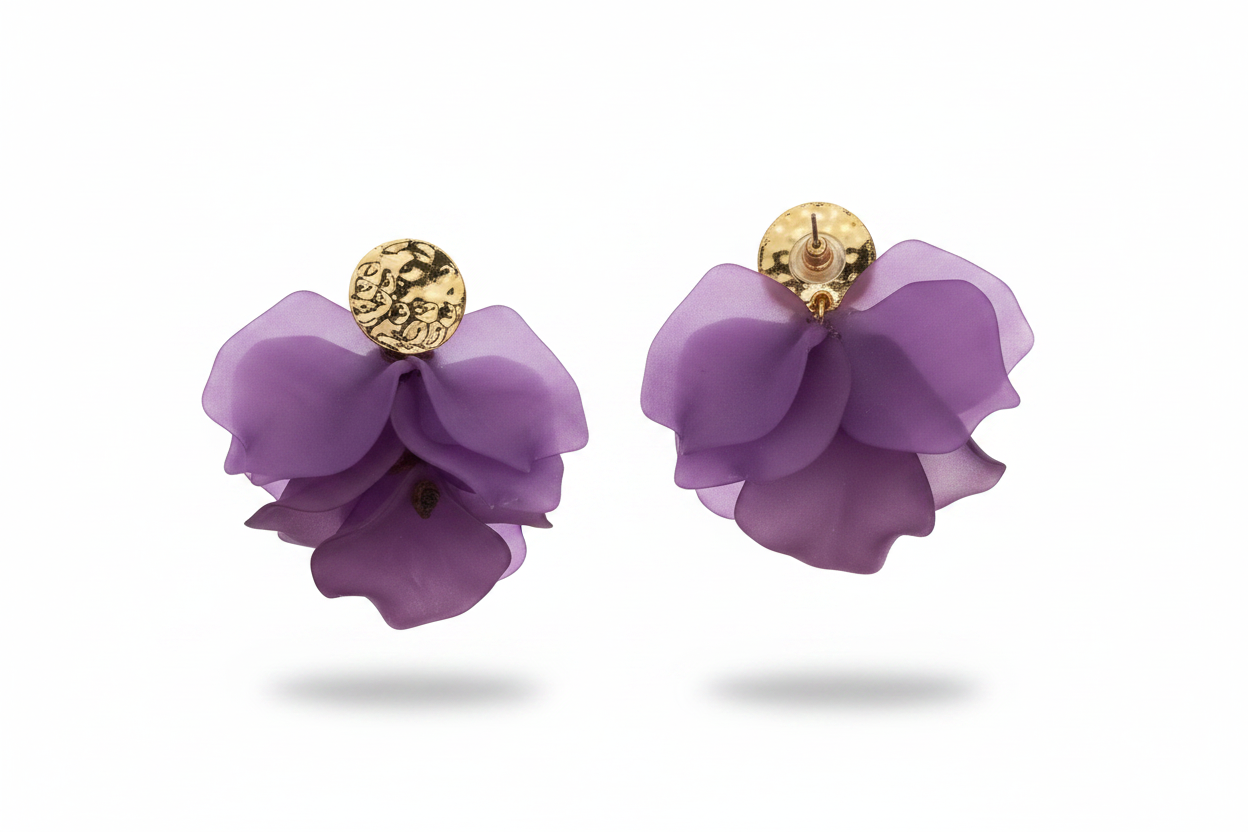 Boucles d'oreilles fleurs violettes & dorées