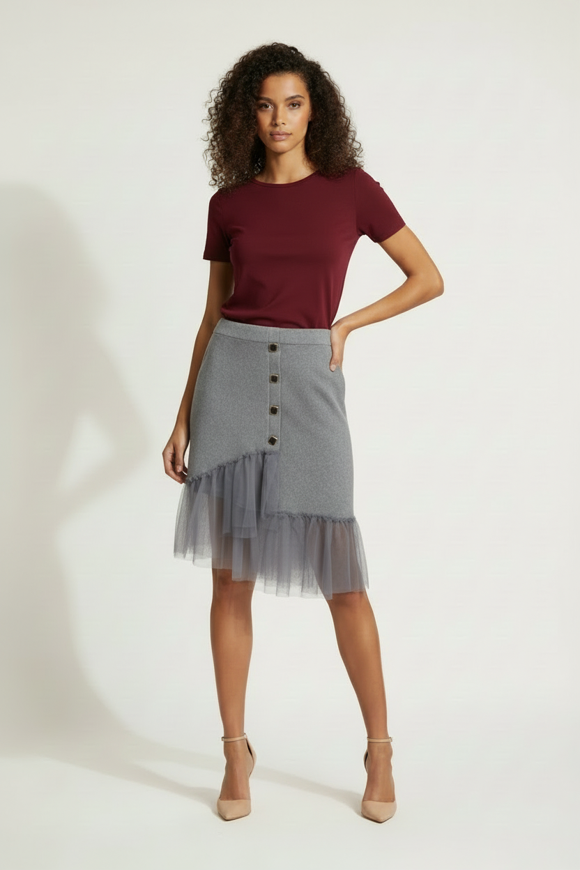 Jupe grise tricot tulle 4 boutons carrés - Taille 36-38- Made in Italy - Pièce Unique