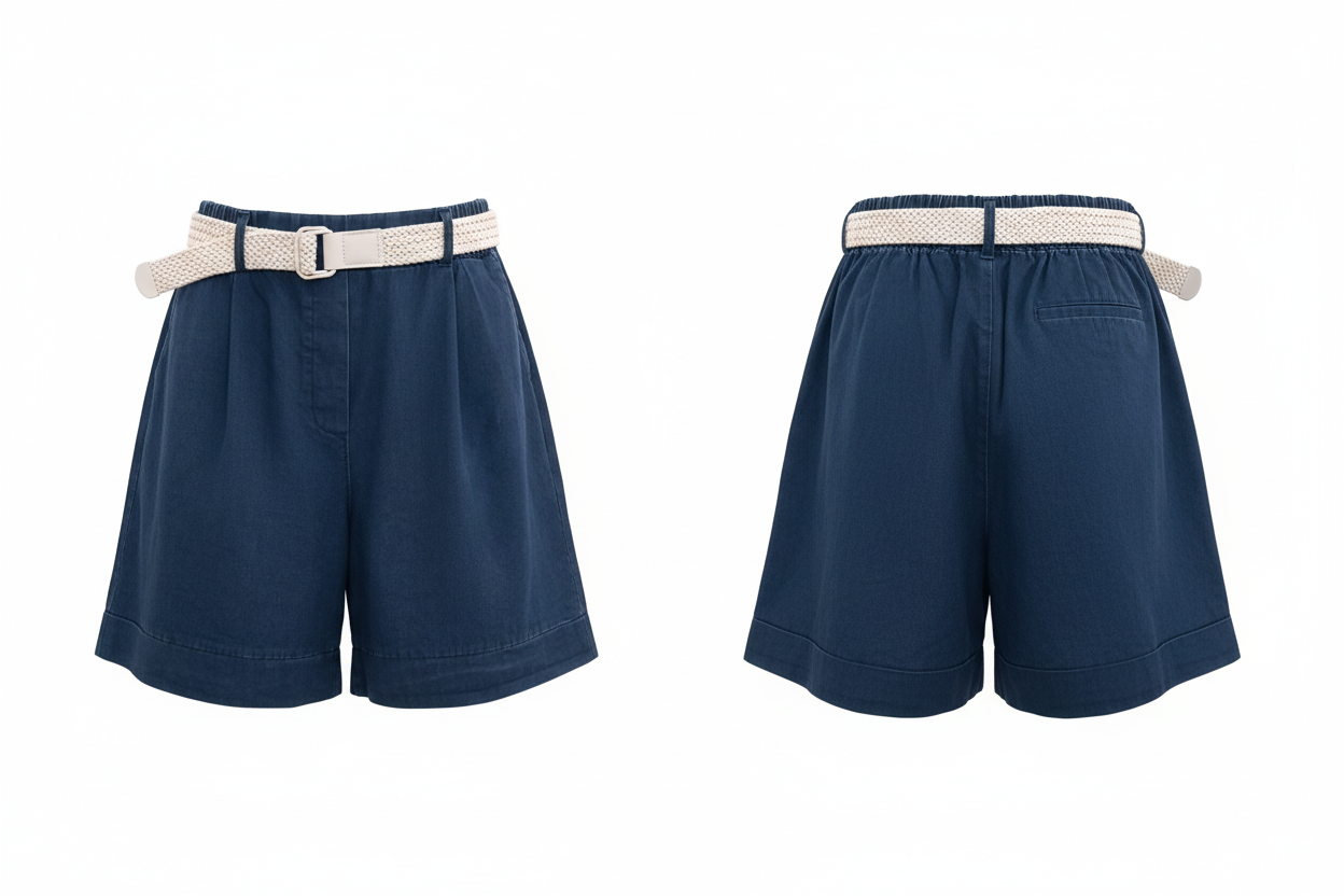 Short taille haute bleu marine avec ceinture tressée - LCK Fashion - Taille L - Made in Italy - Pièce unique