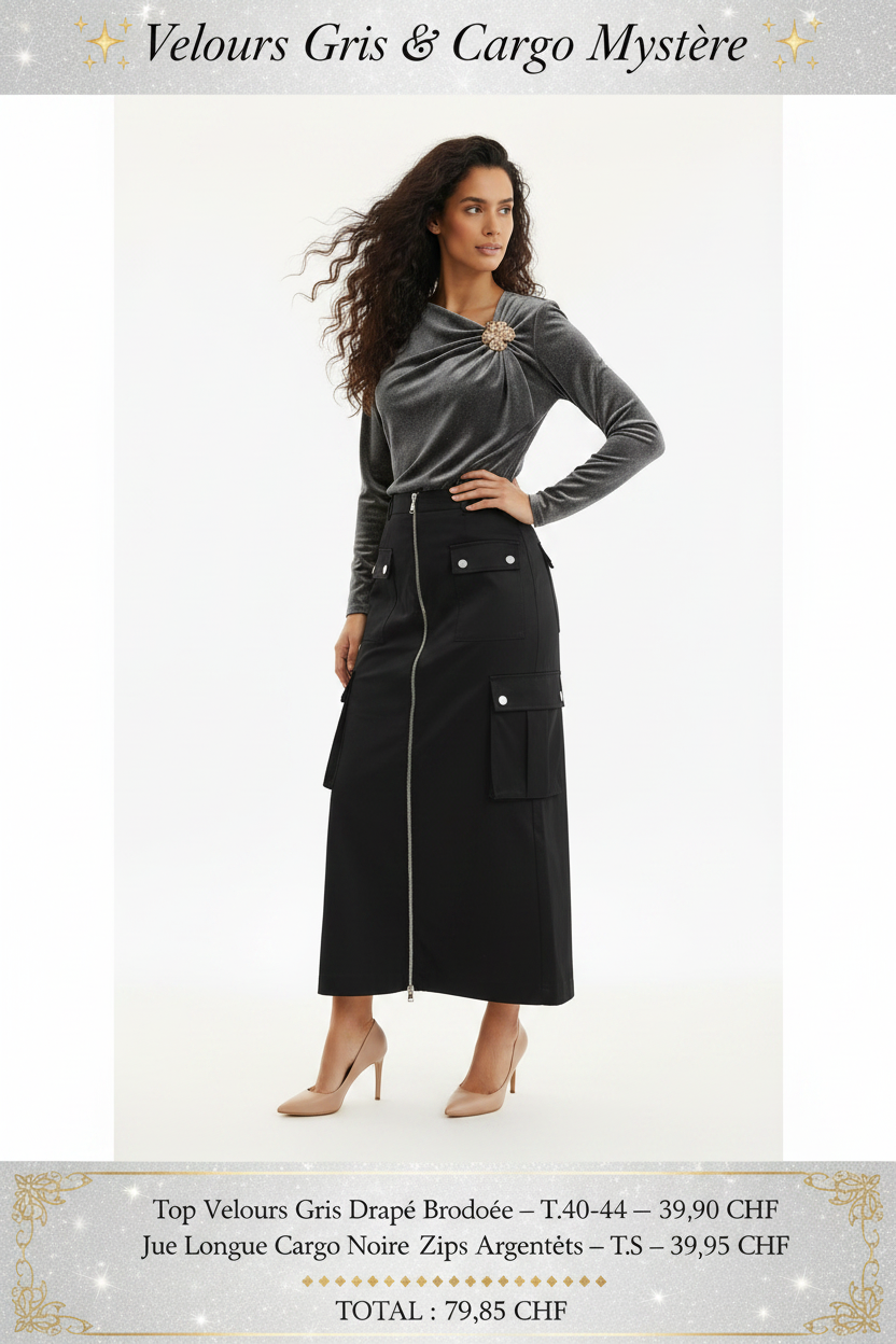 Look Velours Gris Drapé & Jupe Cargo Noire – Duo chic Made in Italy fond blanc
