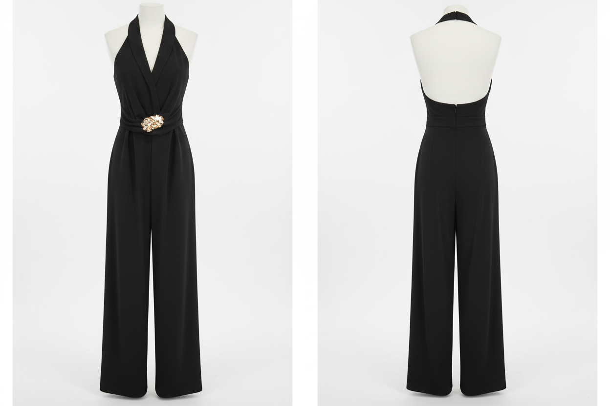 Combi-Pantalon Noir Halter Col V Broche Dorée - F Fashion - Taille 36-38 - Made in Italy - Pièce unique