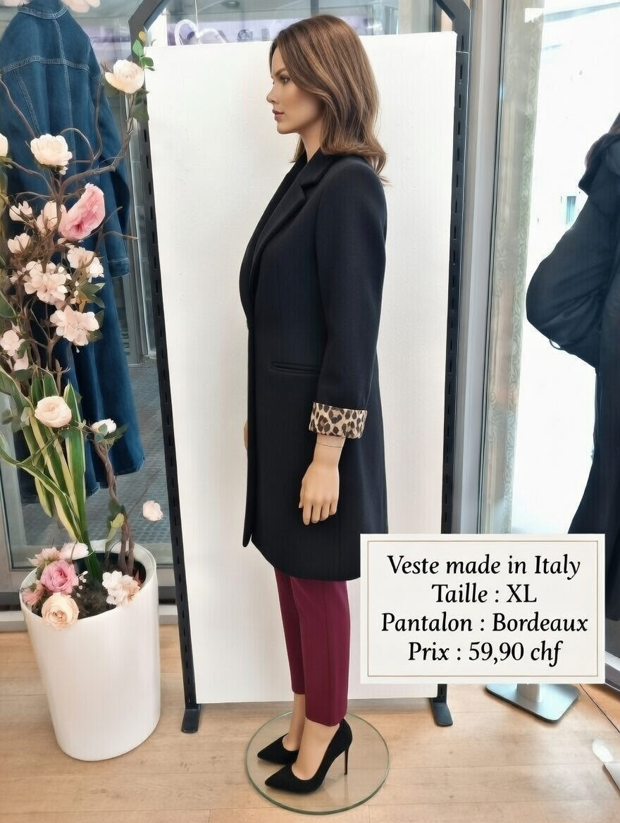 59,90 chf - Taille XL - Veste manteau noir oversize col large Made in Italy + doublure léopard !