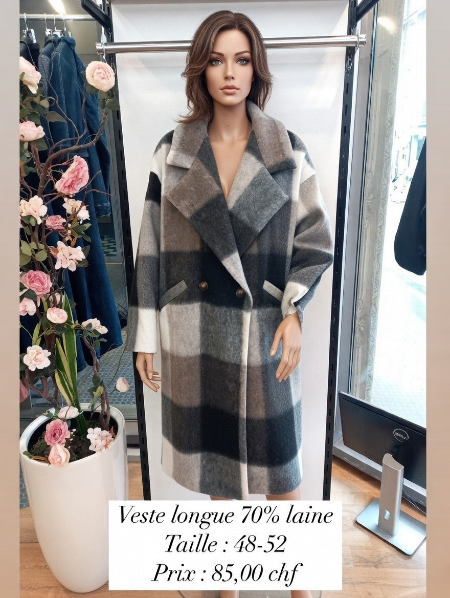 85,00 chf - Taille 48-52 - Veste longue laine 70% Made in Italy carreaux oversize !