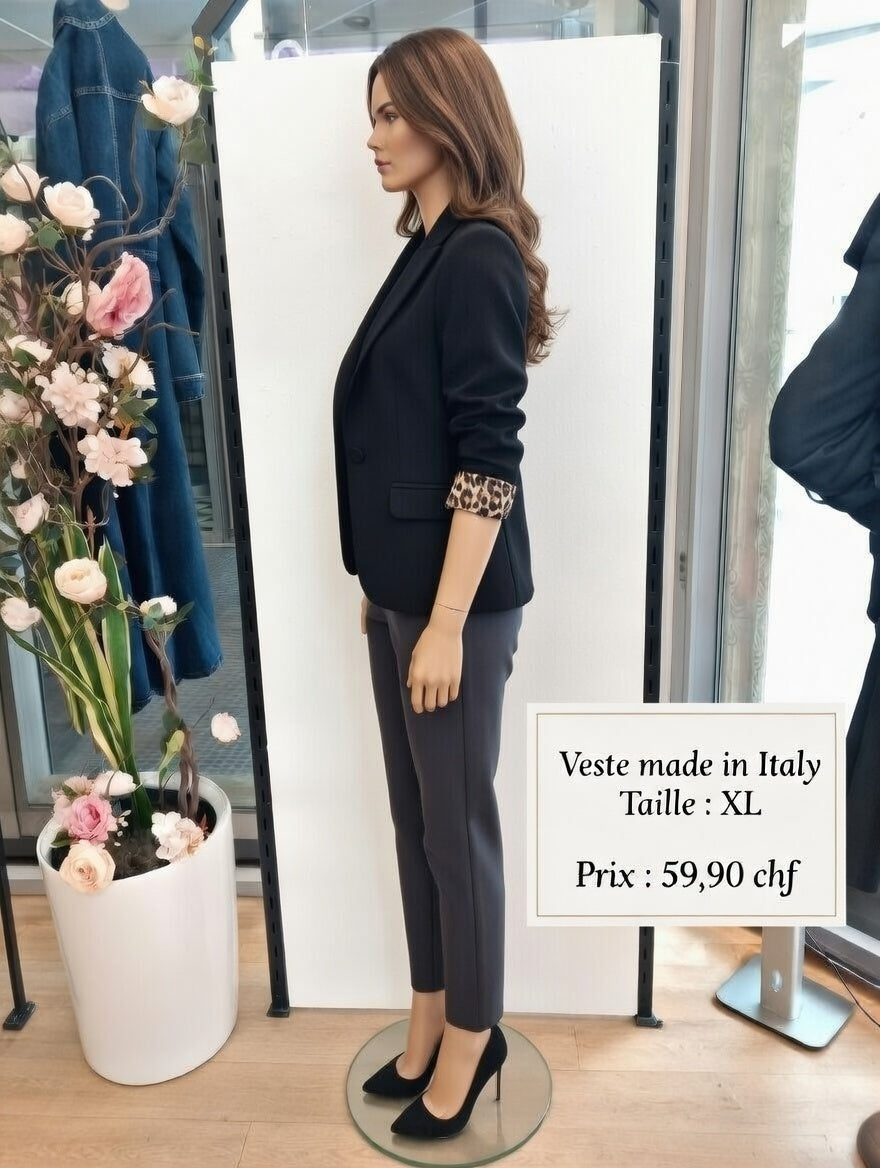 59,90 chf - Taille XL - Veste manteau noir oversize col large Made in Italy + doublure léopard !