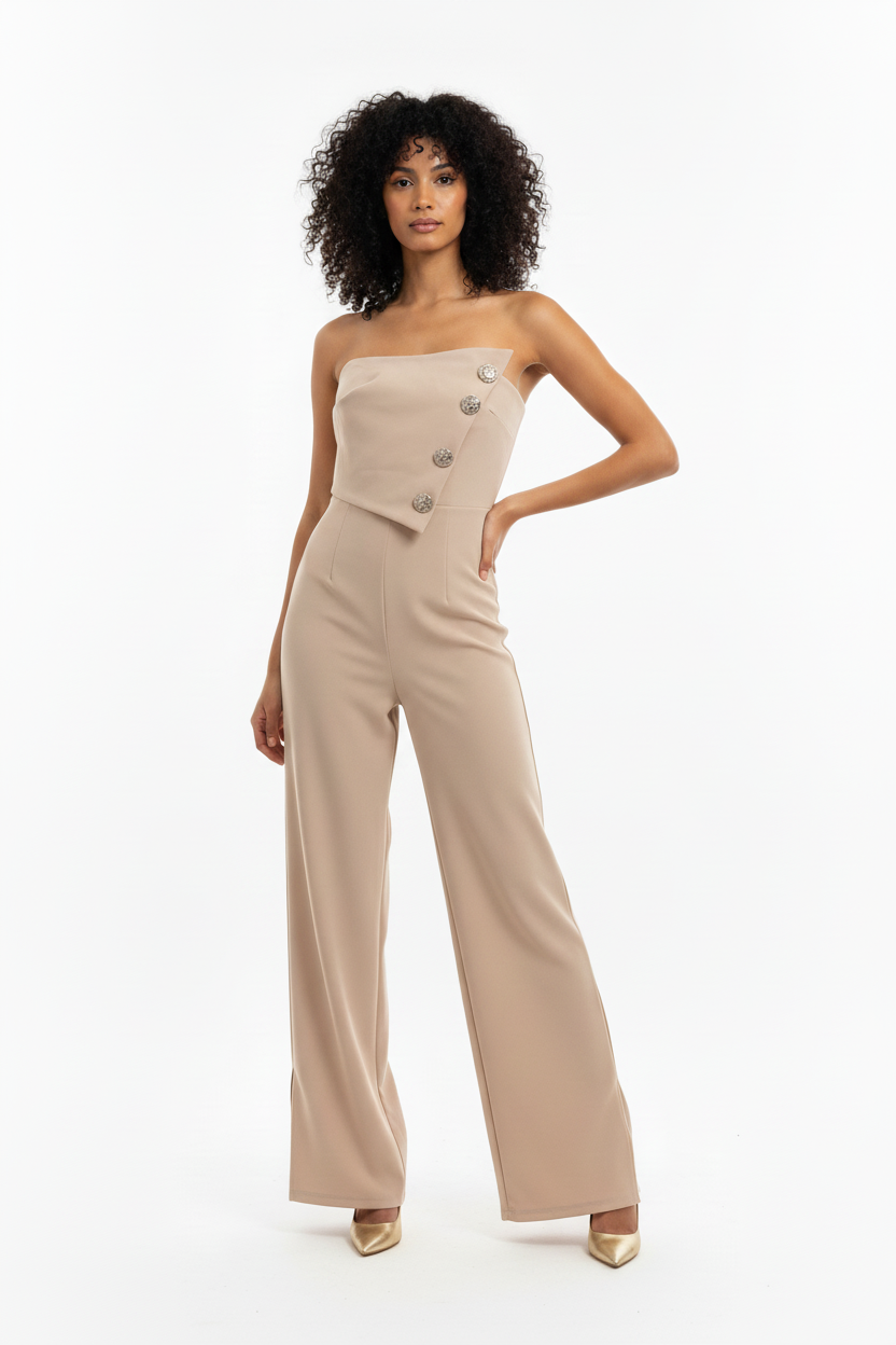 Combinaison Beige - Bandeau Boutons Dorés - NT Fashion - Taille 36-38 - Made in Italy - Pièce unique
