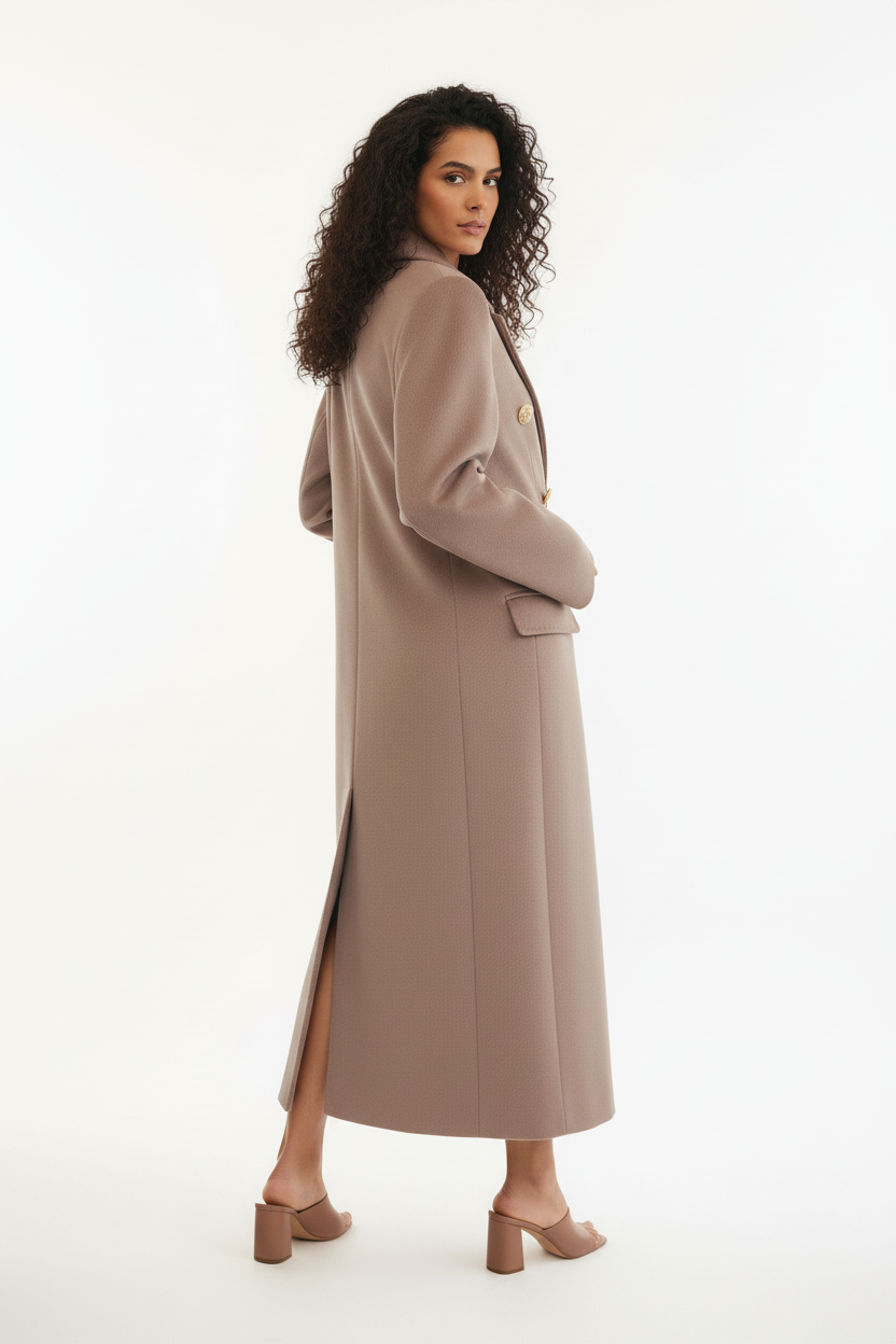 Manteau Long Camel Rose Poudré Boutons Dorés - Taille M - Made in Italy - Pièce unique