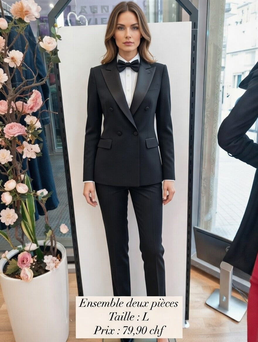 79,90 chf - Taille L - Ensemble smoking noir femme double boutonnage satiné !