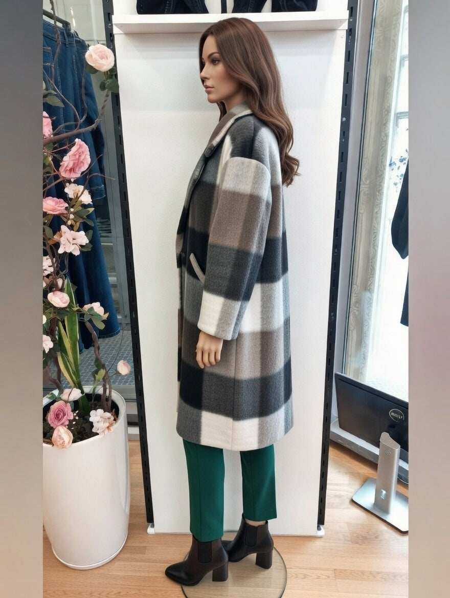 85,00 chf - Taille 48-52 - Veste longue laine 70% Made in Italy carreaux oversize !