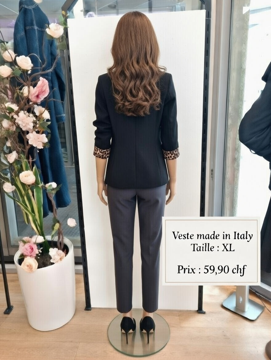 59,90 chf - Taille XL - Veste manteau noir oversize col large Made in Italy + doublure léopard !