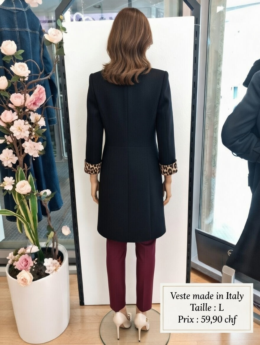 59,90 chf - Taille L - Veste manteau noir oversize col large Made in Italy + doublure léopard !