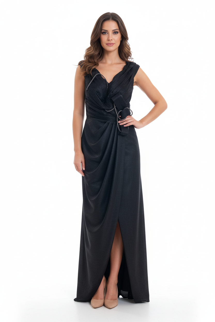 Robe Longue Noire Drapée - MELIKE Istanbul - Taille 40 - Made in Turkey - Pièce unique