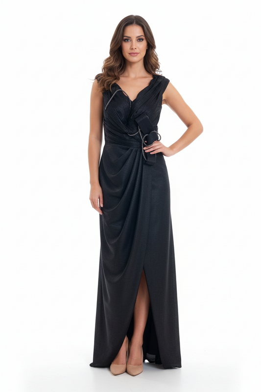 Robe Longue Noire Drapée - MELIKE Istanbul - Taille 40 - Made in Turkey - Pièce unique