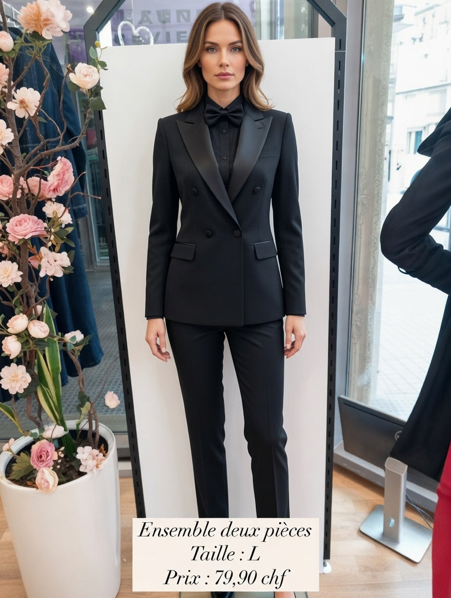 79,90 chf - Taille L - Ensemble smoking noir femme double boutonnage satiné !