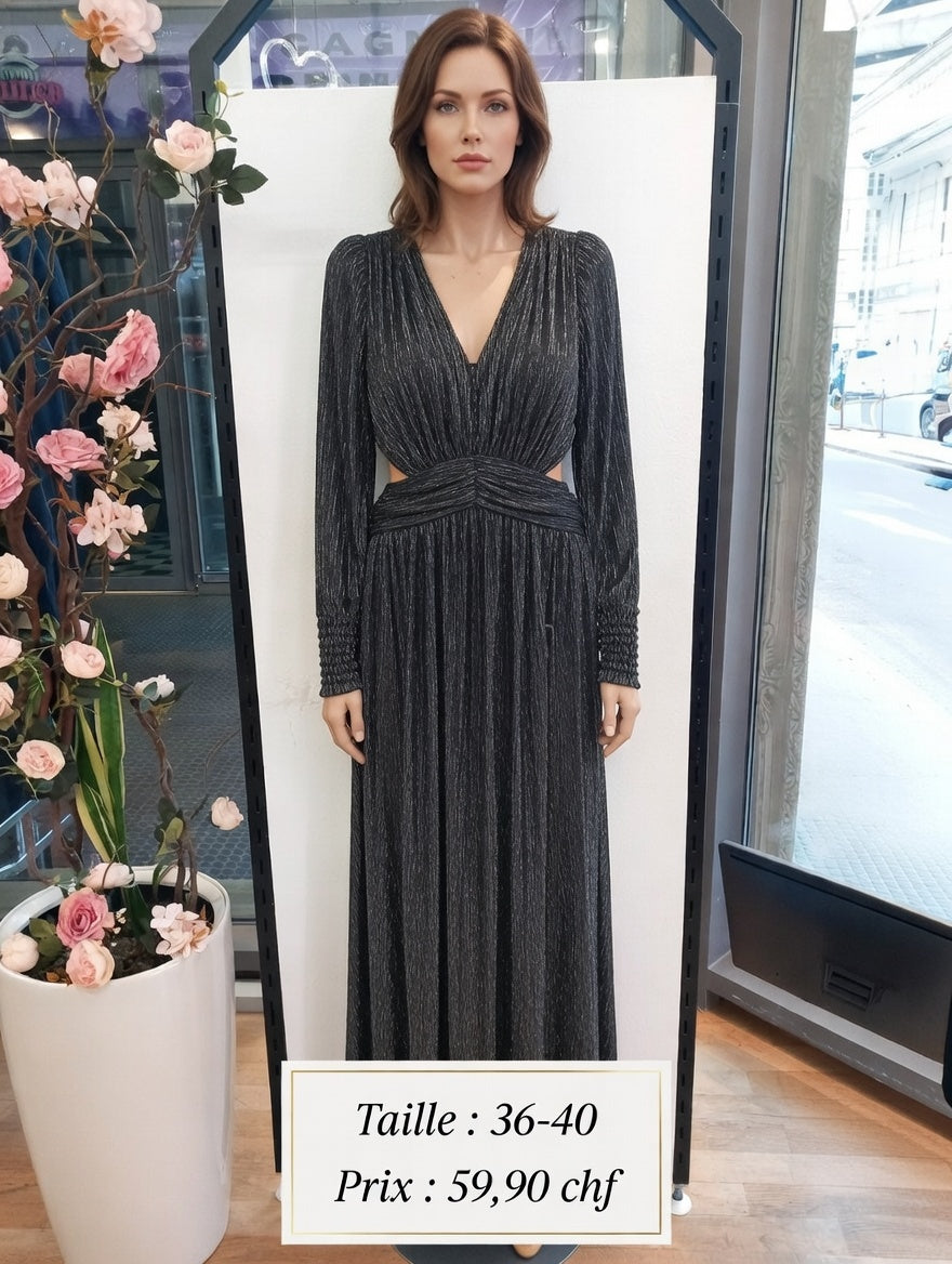 59,90 chf - Taille 36-40 - Robe longue plissée métallisée noire – Cut-out sexy & fluide !