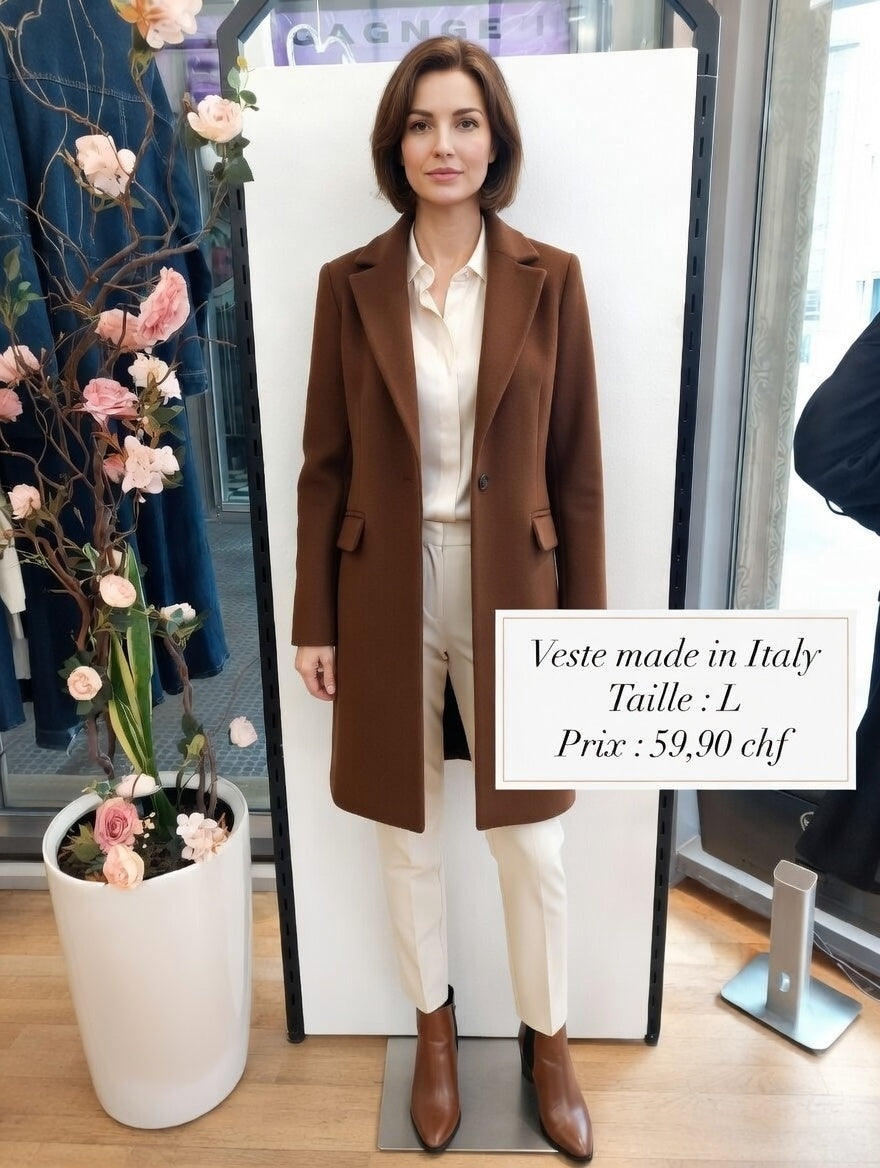 59,90 chf - Taille L - Veste manteau camel oversize col large Made in Italy !