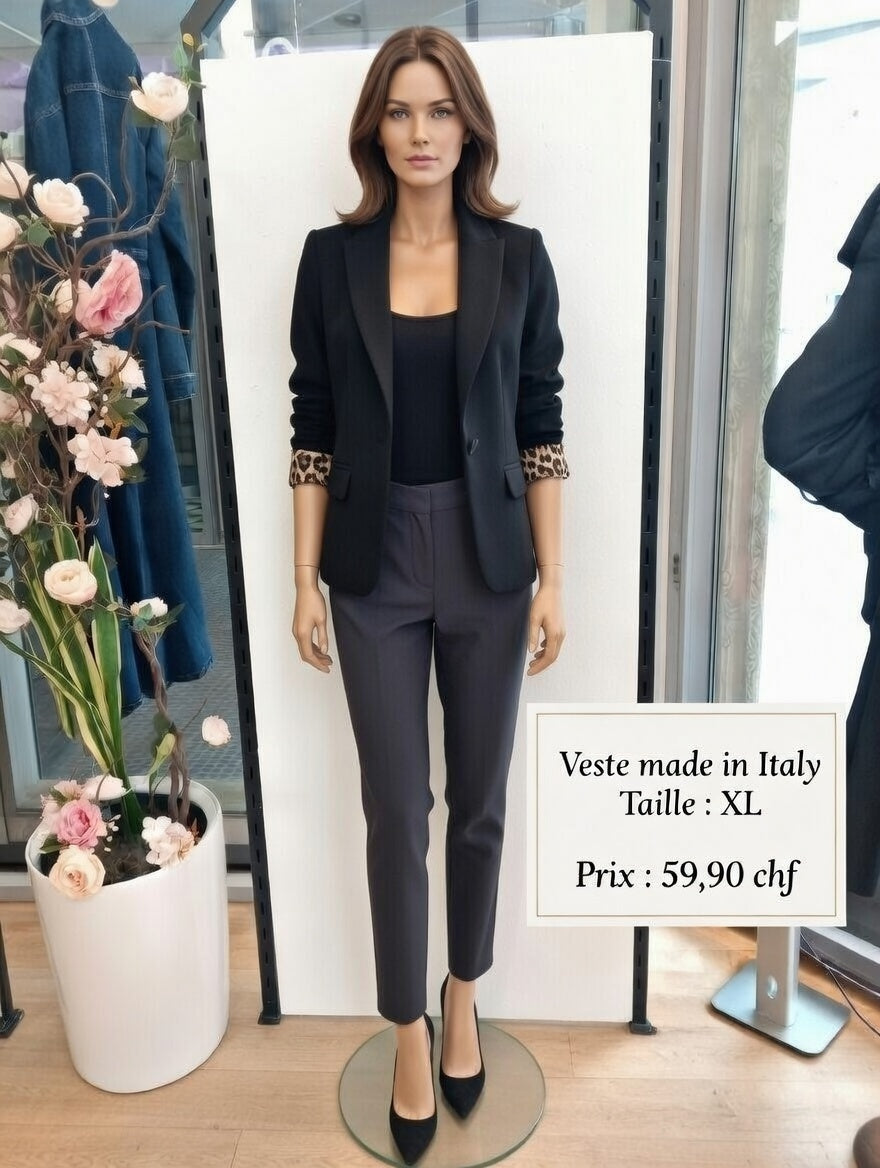 59,90 chf - Taille XL - Veste manteau noir oversize col large Made in Italy + doublure léopard !