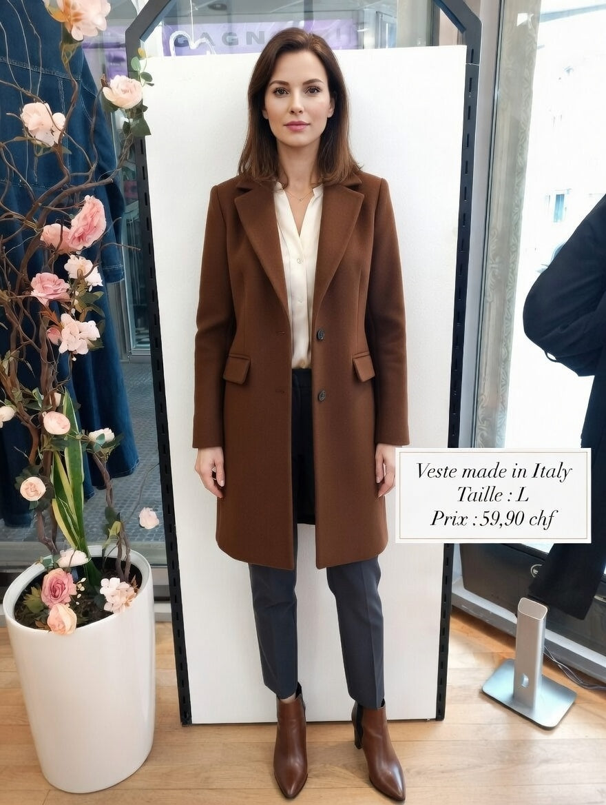 59,90 chf - Taille L - Veste manteau camel oversize col large Made in Italy !