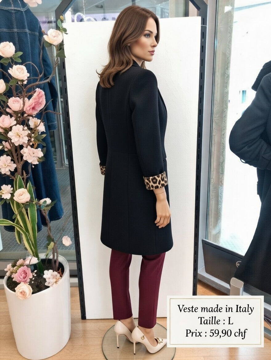 59,90 chf - Taille L - Veste manteau noir oversize col large Made in Italy + doublure léopard !