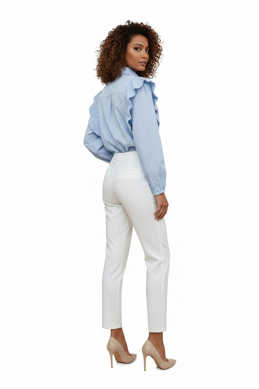 ✨ Chemise Bleue Rayée Épaules Volantées - Made in Italy - Taille S/36-38 - Made in Italy - Pièce unique