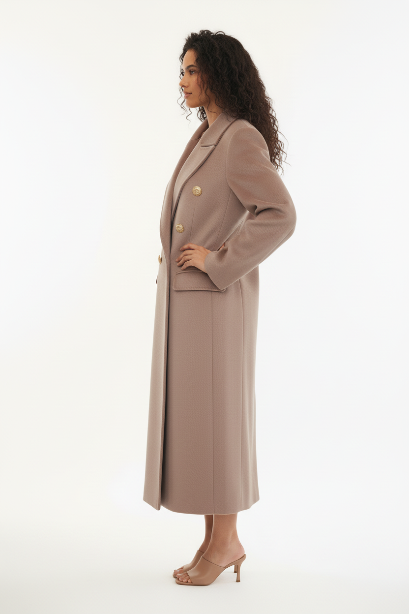 Manteau Long Camel Rose Poudré Boutons Dorés - Taille M - Made in Italy - Pièce unique