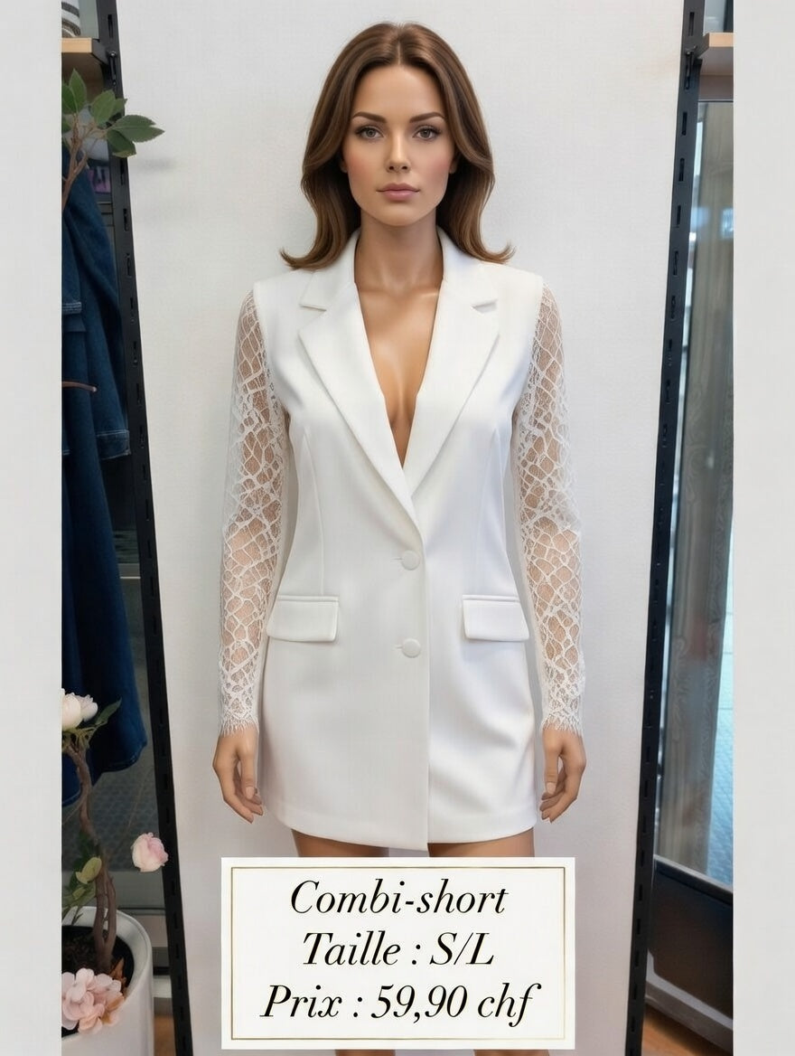 59,90 chf - Taille S/L - Combi-short blazer blanc chic dentelle !