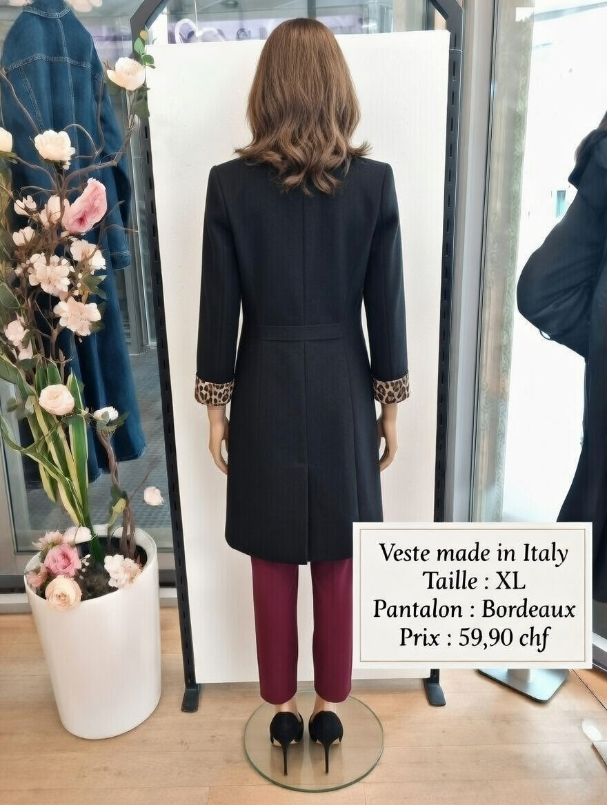59,90 chf - Taille XL - Veste manteau noir oversize col large Made in Italy + doublure léopard !