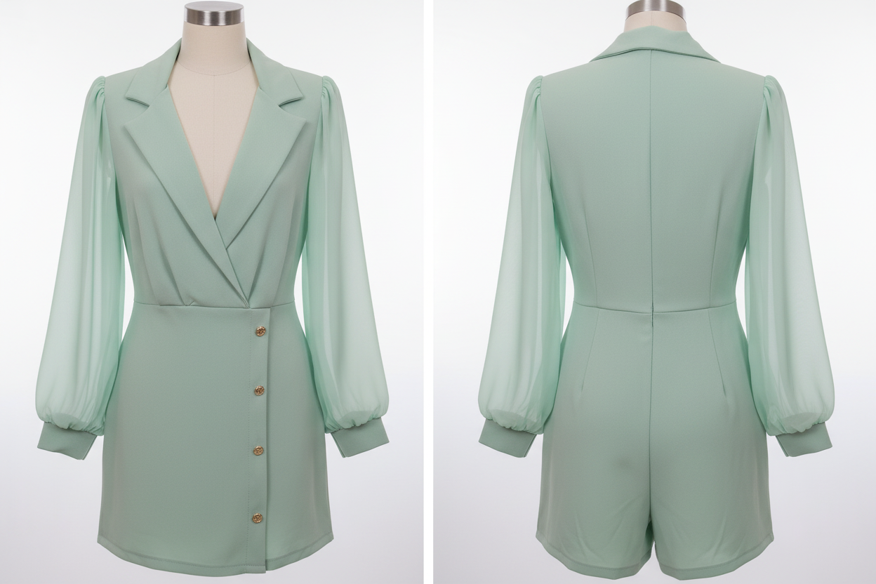 Combi-Short Vert Menthe - Blazer & Manches Bouffantes - Fashion - Taille 36-38 - Made in Italy - Pièce unique