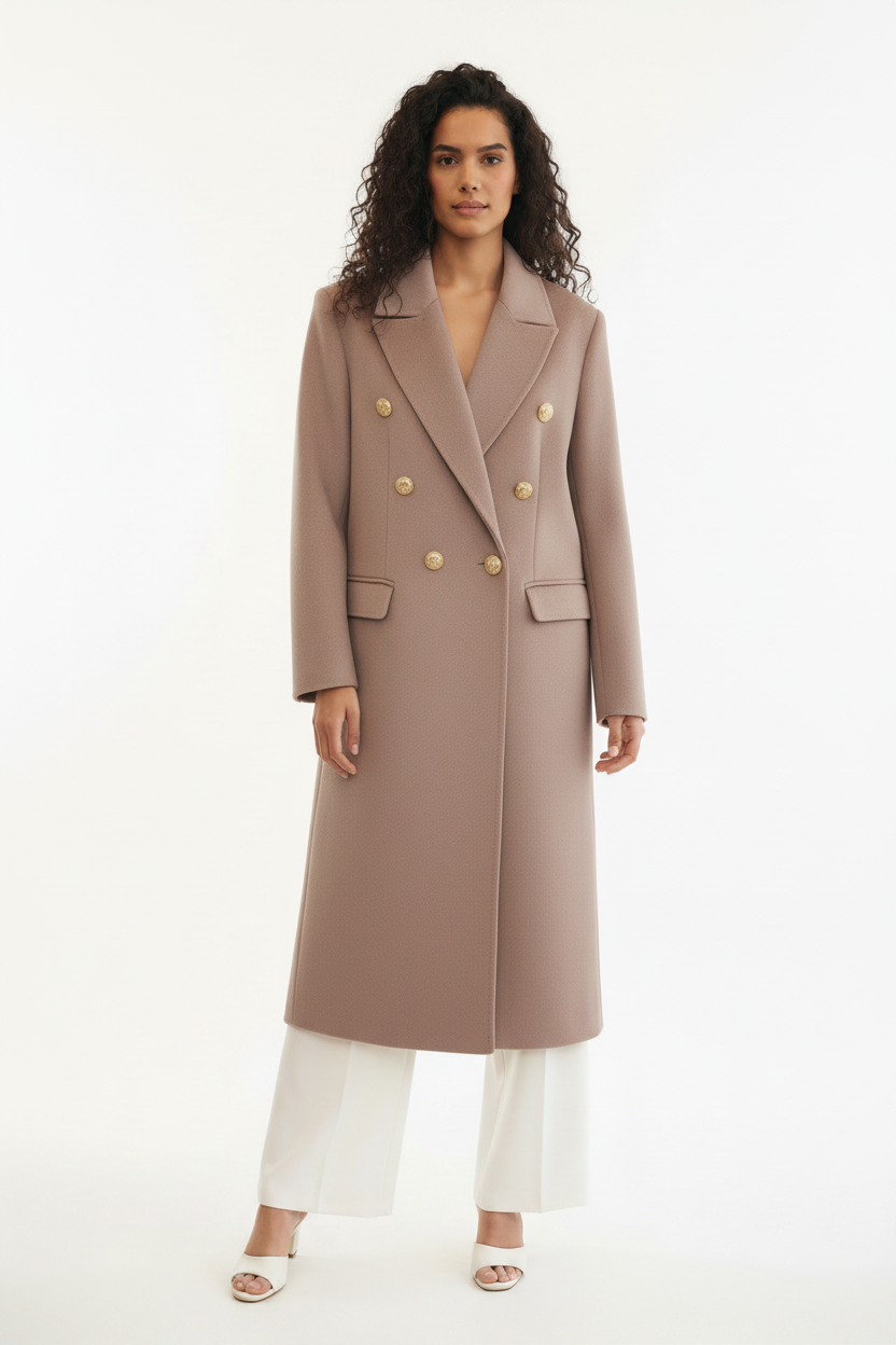 Manteau Long Camel Rose Poudré Boutons Dorés - Taille M - Made in Italy - Pièce unique