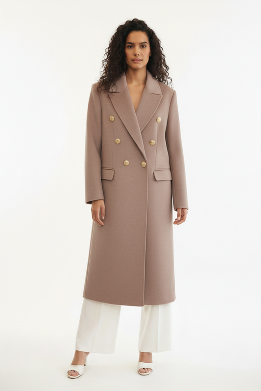 Manteau Long Camel Rose Poudré Boutons Dorés - Taille M - Made in Italy - Pièce unique